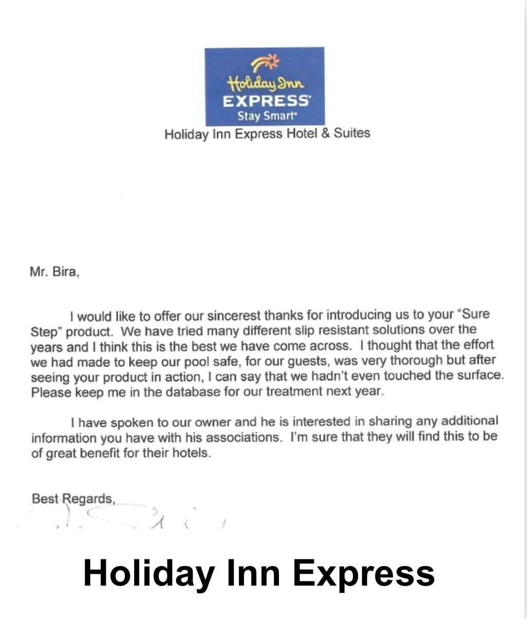 Holiday Inn Express testimonial letter praising Sure Step slip-resistant floor solution