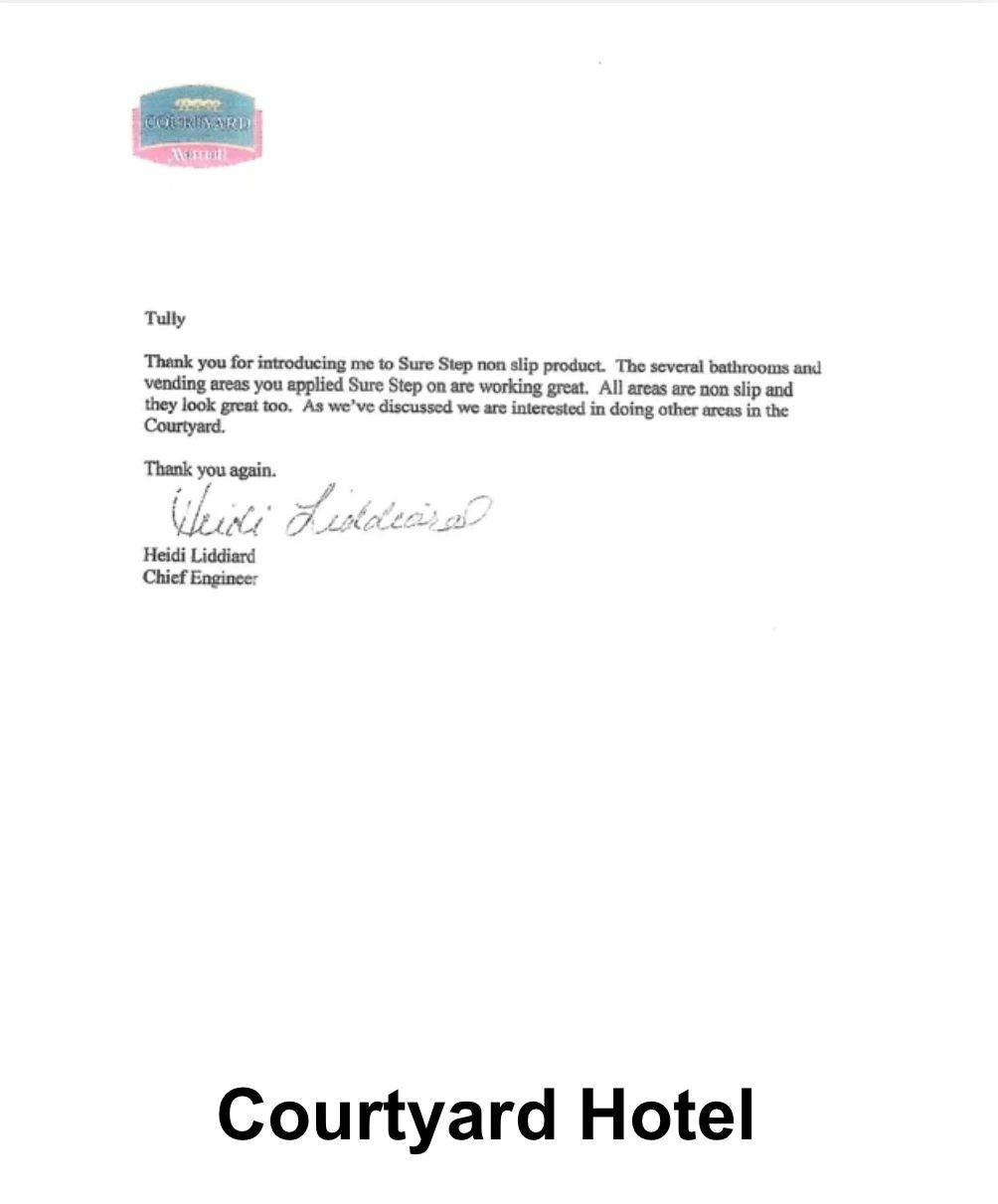 Courtyard Hotel Chief Engineer testimonial letter praising Sure Step non-slip product