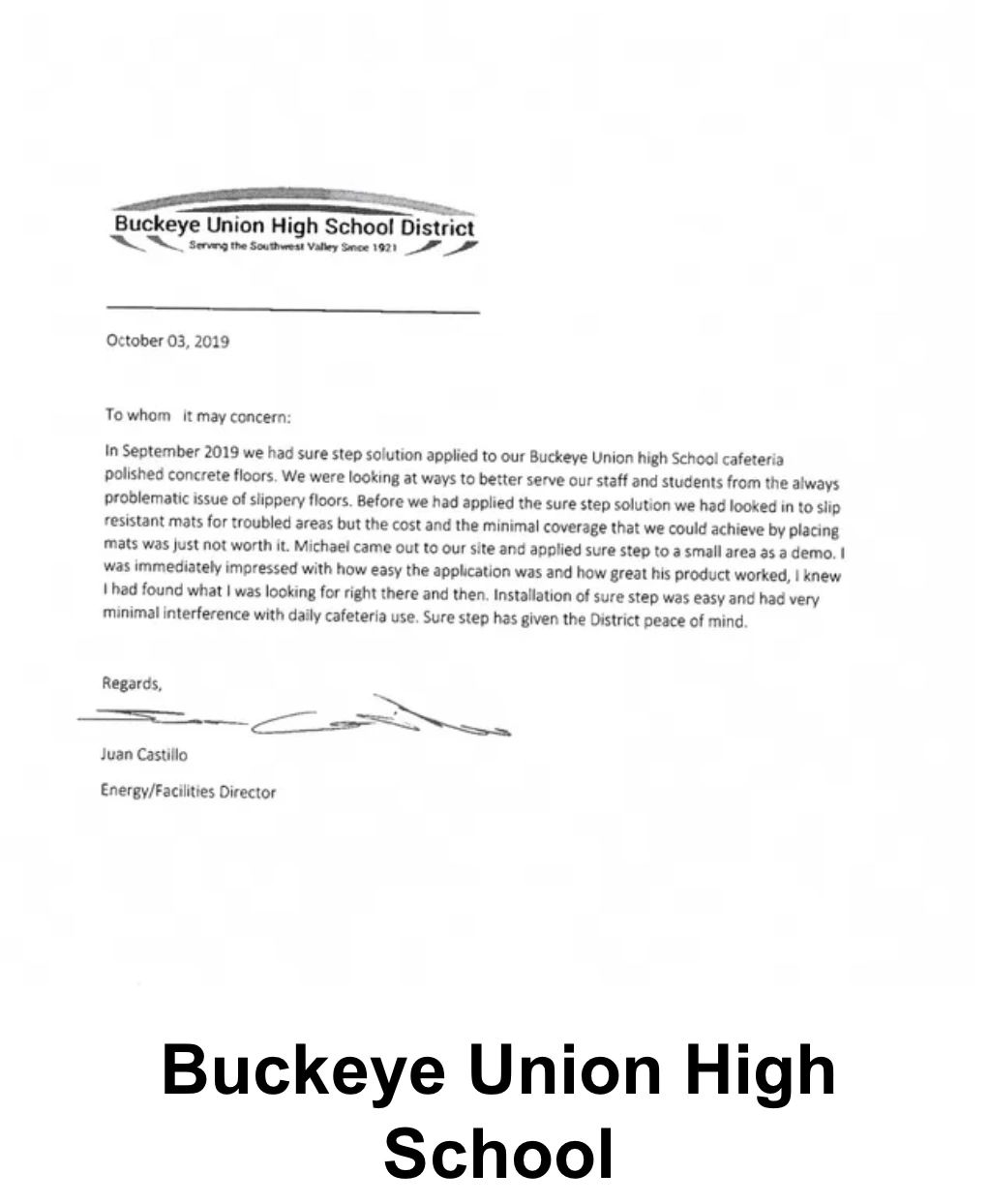 Buckeye Union High School District testimonial letter about Sure Step cafeteria floor treatment