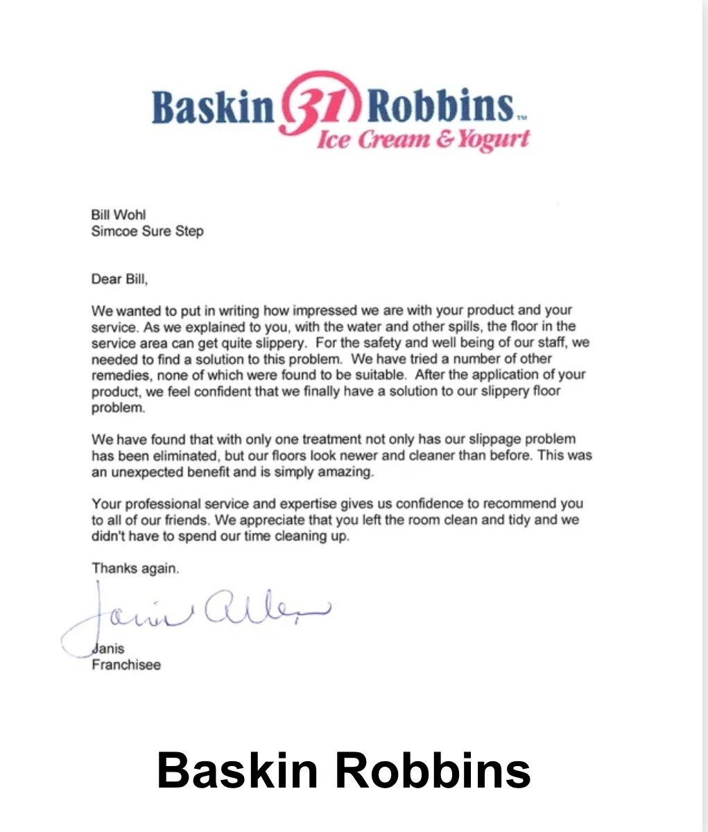 Baskin-Robbins franchisee testimonial letter praising Sure Step slippery floor solution