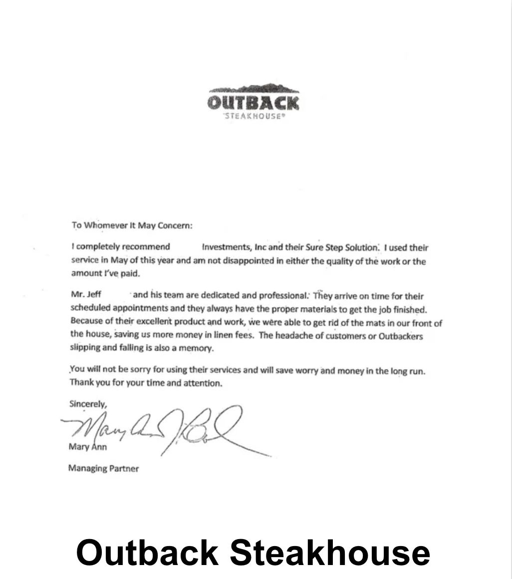 Outback Steakhouse Managing Partner testimonial letter recommending Sure Step Solution