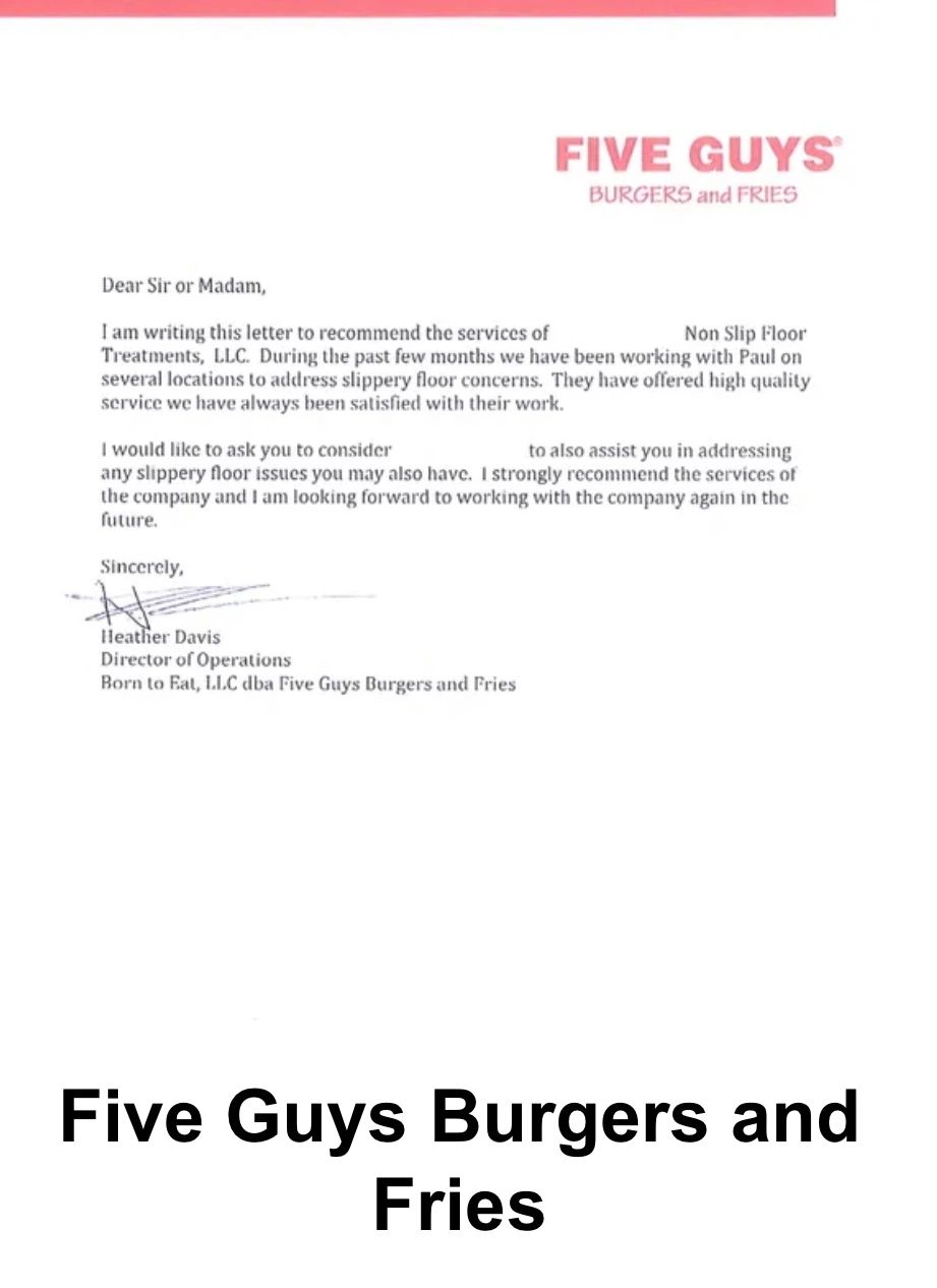 Five Guys Burgers and Fries testimonial letter recommending Non Slip Floor Treatments LLC